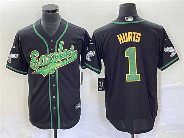 Mens Philadelphia Eagles #1 Jalen Hurts Black Cool Base Stitched Baseball Jersey